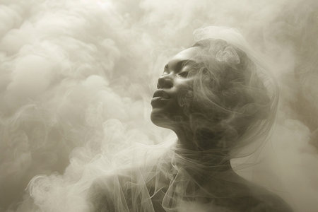 Portrait of a beautiful woman with veil and smoke on her faceの素材