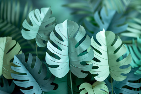 Tropical Monstera leaves on blurred nature background. Copy space.の素材