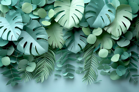 Tropical leaves background, 3D rendering. Computer digital drawing.の素材