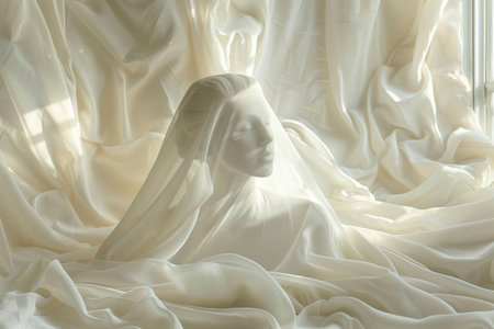Silhouette of mannequin in white fabric, closeupの素材