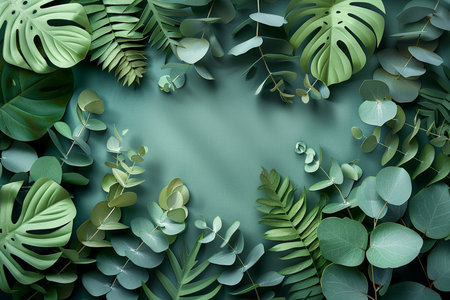 Creative layout made of green tropical leaves. Flat lay. Nature concept.の素材