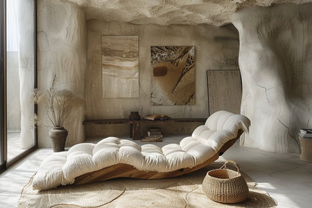 Interior of a hotel room with a wooden bed and a wicker basketの素材