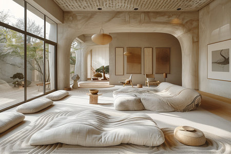 Interior of modern bedroom with wooden walls, concrete floor, comfortable king size bed with white pillows and wooden coffee table. 3d renderingの素材