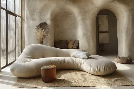 Interior of a modern bedroom with a sofa and a wooden tableの素材
