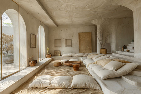 Interior of modern bedroom with wooden walls, concrete floor, comfortable beige sofa with pillows. 3d renderの素材