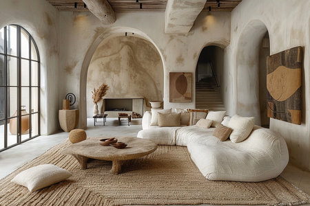 Interior of modern living room with beige sofa and armchairの素材