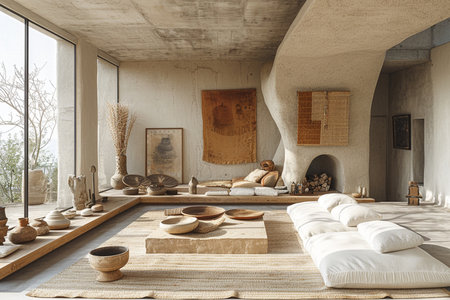 Interior of modern living room with wooden walls, concrete floor, panoramic windows and comfortable sofa. 3d renderingの素材