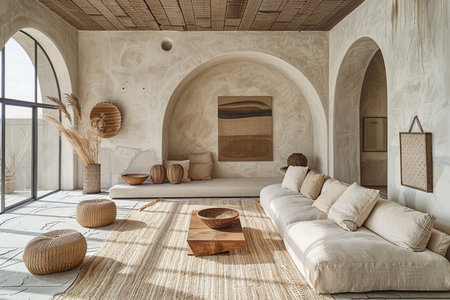 Interior of modern living room with wooden sofa, pillows and carpet. 3d renderの素材