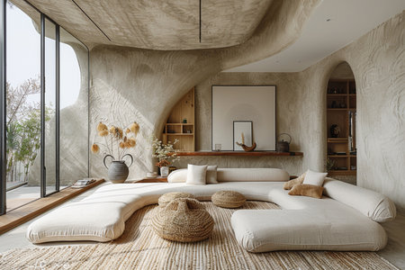 Interior of modern living room with white sofa, pillows and coffee tableの素材