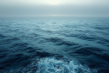 Beautiful seascape. Blue sea with waves and fog.の素材