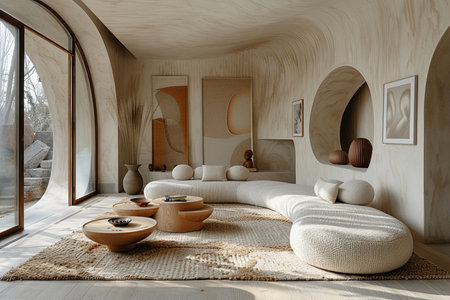 Interior of modern living room with wooden walls, carpet on the floor, panoramic window. 3d renderの素材