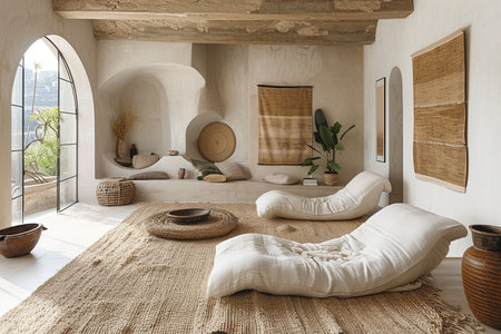 Interior of a hotel room in a tropical resort. 3d renderingの素材