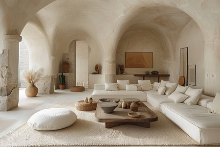 Interior of modern living room with white sofa and wooden armchairsの素材