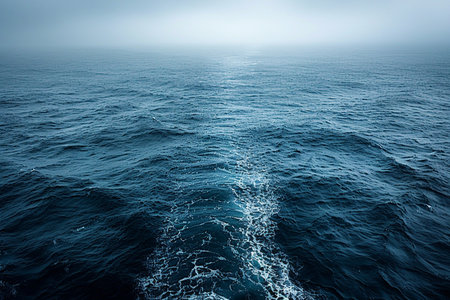 Beautiful seascape. Blue sea with waves and fog.の素材