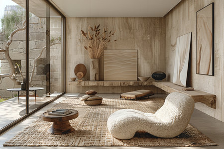 Interior of modern living room with wooden walls, carpet on the floor, beige sofa and round coffee table. 3d renderingの素材