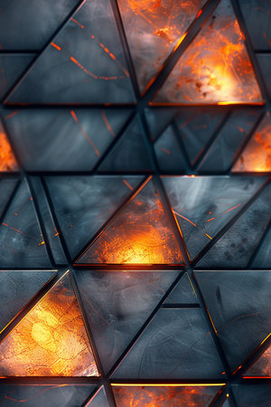 Close-up of a polygonal background with a burning fireの素材