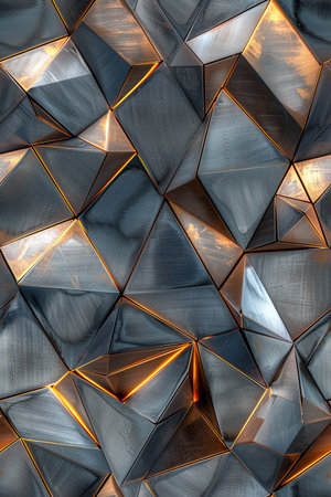 3d render, abstract geometric background with gold and silver triangular patternの素材