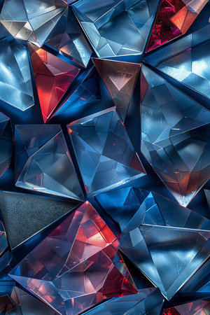 abstract background made of blue and red glass triangles, square imageの素材
