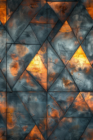 Seamless pattern of blue and orange triangles on a dark backgroundの素材