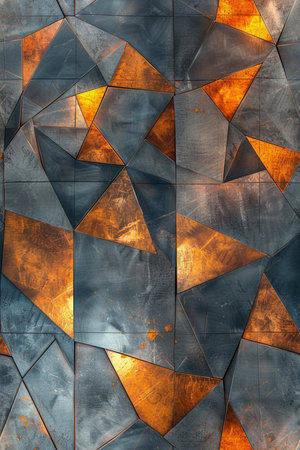 abstract background of dark blue and gold geometric shapes on the wallの素材