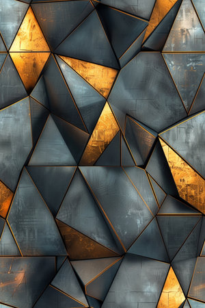 3d illustration of abstract geometric background with black and golden triangular shapesの素材