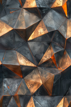 Abstract geometric background of black and orange triangles. 3d rendering.の素材