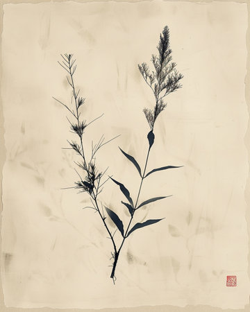 Japanese calligraphy. Silhouette of reed plant.の素材