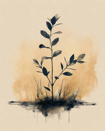 watercolor illustration of a plant in the grass on a grunge backgroundの素材