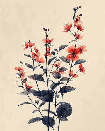 Vintage floral background with red flowers and leaves. Vector illustration.の素材
