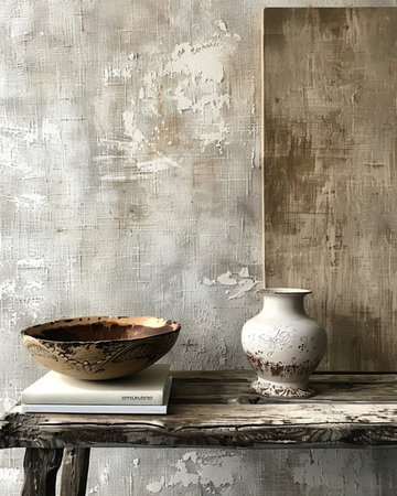 Still life with ceramic vase and books on wooden table in interiorの素材