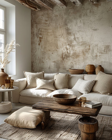 Interior of living room with beige walls, wooden floor, comfortable sofa with pillows and wooden coffee table. 3d renderの素材