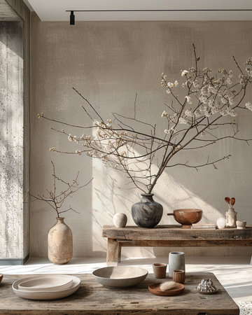 Interior of modern living room with wooden table and ceramic vasesの素材