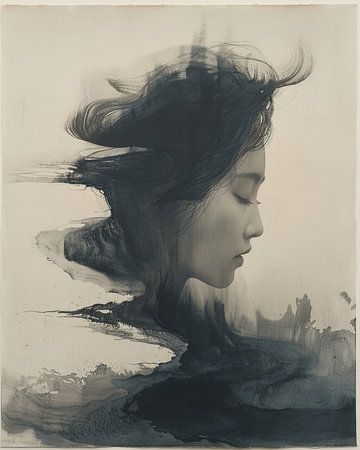 Double exposure portrait of a beautiful woman with hair blowing in the windの素材