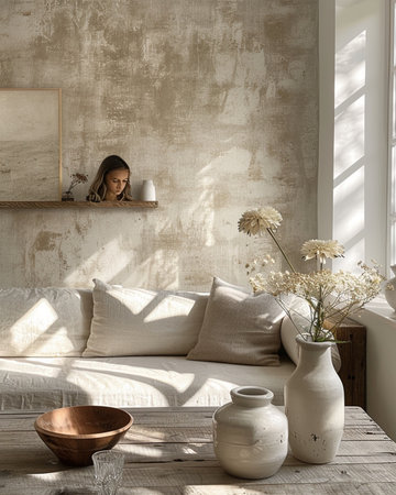 Modern interior of living room with white sofa, vase with dried flowers and windowの素材
