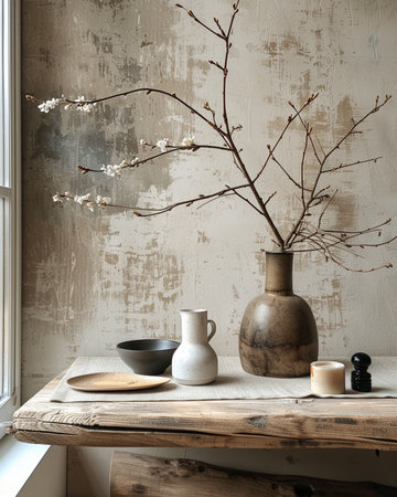 Still life with ceramic vase, candles and branch of cherry blossoms on rustic wooden tableの素材
