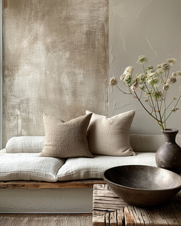 Interior design of modern living room with sofa, pillows and vaseの素材