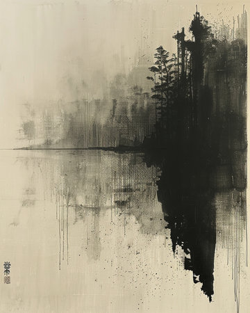 grunge textured background with a forest and a lake.の素材