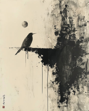 grunge background with space for text or image, bird and moonの素材