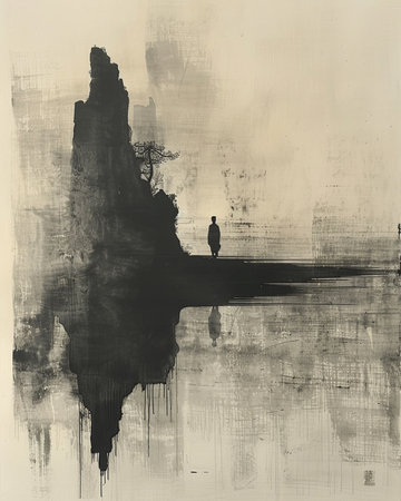 silhouette of a man standing on the edge of a cliff by the lakeの素材