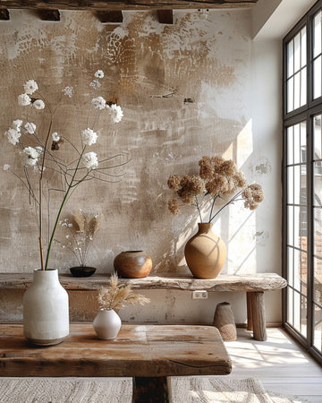 Interior of modern living room with wooden table and vase with dry flowersの素材