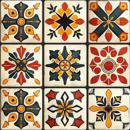 Vintage ceramic tiles. Colorful ceramic tiles with floral pattern.の素材