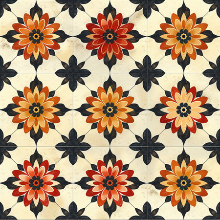 Seamless pattern made of ceramic tile with red and orange flowersの素材