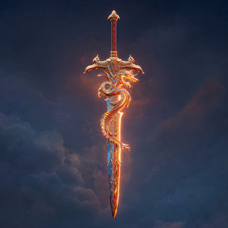 3D illustration of a fantasy sword in the sky with clouds.の素材