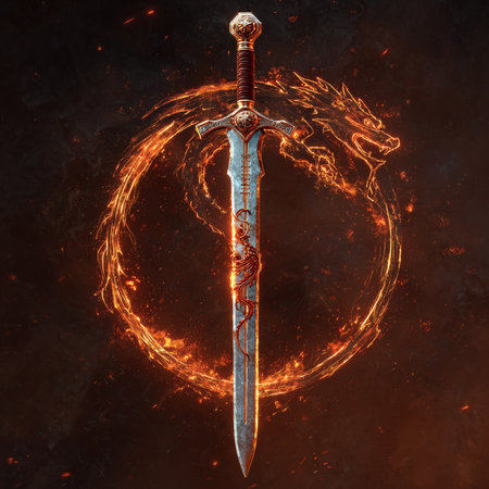 Flaming sword with fire flame on dark background. 3D renderingの素材
