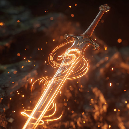 Sword with sparks and fire on a black background. Close-up.の素材