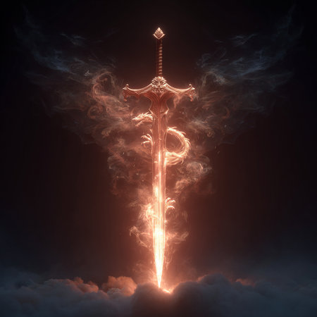 Digital illustration of a sword in fire and smoke against a dark backgroundの素材