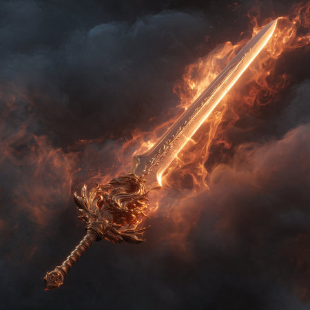 Sword with fire and smoke on a dark background. 3d renderingの素材