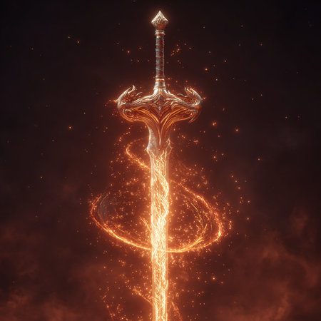 Fantasy sword with fire trail on dark background. 3D renderingの素材