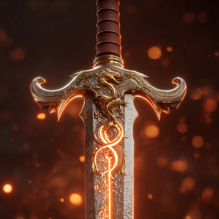 Warrior sword with golden ornament on a dark background. 3d illustrationの素材