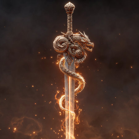 Dragon sword with fire and smoke on black background. 3d illustrationの素材